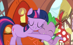 Size: 1510x939 | Tagged: safe, screencap, spike, twilight sparkle, dragon, pony, unicorn, dragon quest, g4, big sister twilight, brother and sister, cropped, duo, eyes closed, female, golden oaks library, hug, male, smiling, unicorn twilight