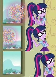 Size: 736x1006 | Tagged: safe, screencap, sci-twi, twilight sparkle, best trends forever, best trends forever: pinkie pie, equestria girls, g4, my little pony equestria girls: better together, arm behind back, confetti, cutie mark accessory, cyoa, defenestration, geode of telekinesis, glasses, like nothing happened, littering, magic, magical geodes, pointing behind, ponytail, telekinesis, whistling
