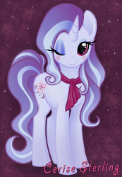 Size: 753x1089 | Tagged: safe, artist:kimai, oc, oc only, pony, unicorn, cravat, female, looking at you, mare, one eye closed, solo, starry backdrop