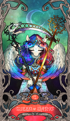 Size: 2088x3619 | Tagged: safe, artist:sourcherry, oc, oc only, pegasus, pony, clothes, dress, high res, moon, scythe, solo, staff, tarot, tarot card, two toned mane, wings