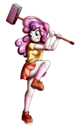 Size: 1353x2253 | Tagged: safe, artist:anibaruthecat, sweetie belle, equestria girls, g4, clothes, female, frilly underwear, hairband, hammer, miniskirt, panties, pink underwear, pleated skirt, raised leg, shirt, shoes, simple background, skirt, skirt lift, sneakers, socks, solo, thighs, this will end in destruction, tongue out, transparent background, underwear, upskirt
