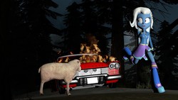 Size: 1366x768 | Tagged: safe, artist:almil53, trixie, sheep, equestria girls, g4, 3d, boots, car, christine, clothes, female, fire, forest, gmod, high heel boots, jacket, john carpenter, plymouth, plymouth fury, running, shoes, skirt, stephen king, tree