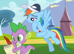 Size: 1288x938 | Tagged: safe, screencap, rainbow dash, spike, pegasus, pony, g4, hurricane fluttershy, coach rainbow dash, cropped, duo, fangs, female, flying, lidded eyes, male, mare, notepad, quill, raised hoof, smiling, spread wings, wings, writing