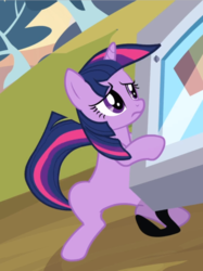 Size: 700x938 | Tagged: safe, screencap, twilight sparkle, pony, unicorn, g4, hurricane fluttershy, cropped, female, holding on, solo, unicorn twilight, windswept mane, windswept tail, worried