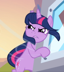 Size: 836x938 | Tagged: safe, screencap, twilight sparkle, pony, unicorn, g4, hurricane fluttershy, bipedal, cropped, female, holding on, narrowed eyes, solo, unicorn twilight, wind, windswept mane, windswept tail