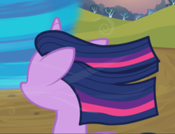 Size: 1222x938 | Tagged: safe, screencap, twilight sparkle, pony, unicorn, g4, hurricane fluttershy, cropped, female, floppy ears, rear view, solo, unicorn twilight, windswept mane