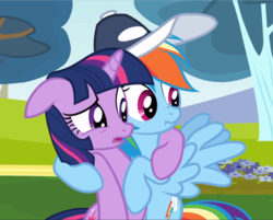 Size: 1167x939 | Tagged: safe, screencap, rainbow dash, twilight sparkle, pegasus, pony, unicorn, g4, hurricane fluttershy, coach rainbow dash, cropped, duo, female, floppy ears, hat, holding each other, hug, mare, open mouth, scrunchy face, spread wings, unicorn twilight, wings