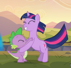 Size: 914x878 | Tagged: safe, screencap, spike, twilight sparkle, dragon, pony, unicorn, g4, hurricane fluttershy, bipedal, cropped, cute, duo, eyes closed, female, happy, holding each other, male, spikabetes, twiabetes, unicorn twilight, windswept mane, windswept tail