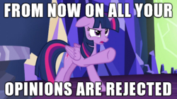Size: 610x343 | Tagged: safe, edit, edited screencap, screencap, twilight sparkle, alicorn, pony, g4, what about discord?, angry, caption, female, image macro, mare, pointing, reaction image, solo, text, twilight sparkle (alicorn), twilight's castle