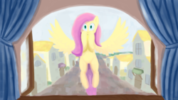 Size: 3840x2160 | Tagged: safe, artist:dizzmux, fluttershy, pegasus, pony, g4, city, female, flying, high res, mare, solo, window