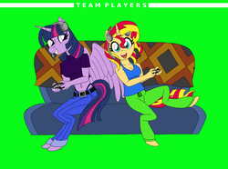 Size: 4697x3500 | Tagged: safe, alternate version, artist:supra80, sunset shimmer, twilight sparkle, alicorn, anthro, unguligrade anthro, g4, belly button, clothes, controller, couch, double mane, headphones, implied lesbian, implied shipping, implied sunsetsparkle, midriff, photoshop, twilight sparkle (alicorn)