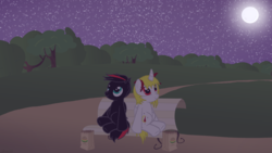 Size: 3840x2160 | Tagged: safe, artist:agkandphotomaker2000, oc, oc only, oc:arnold the pony, oc:lucia nightblood, pony, bench, duo, high res, looking up, moon, night, night out, park, stars, tree