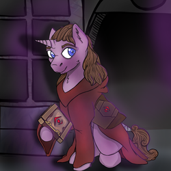 Size: 2000x2000 | Tagged: safe, artist:devorierdeos, oc, oc only, pony, unicorn, fallout equestria, book, clothes, ear fluff, high res, hooves, horn, male, preacher, robe, saddle bag, solo, stallion, the unity