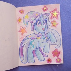 Size: 540x540 | Tagged: safe, artist:spunky-sparkle, trixie, pony, unicorn, g4, cape, clothes, colored pencil drawing, female, hat, mare, photo, soft color, solo, stars, traditional art, trixie's cape, trixie's hat, wizard hat