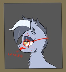 Size: 3817x4153 | Tagged: safe, artist:waffletheheadmare, oc, oc only, oc:noveske, bat pony, bust, ear piercing, eyelashes, eyeshadows, facial hair, female, fluffy, frame, glasses, half-closed eyes, mare, moustache, piercing, pimps, portrait, short hair, simple background, smiling, text, two toned mane