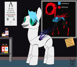 Size: 2936x2550 | Tagged: safe, artist:wheatley r.h., oc, oc only, oc:sturdy diablo, bat pony, pony, bat pony oc, bat wings, bone, bottle, food, green eyes, grin, hair, high res, note, nutella, poison, sharp teeth, single panel, skeleton, smiling, solo, spanish, spanish text, teeth, vector, watermark, wings, x-ray, x-ray picture
