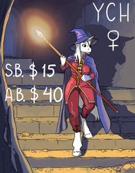 Size: 700x891 | Tagged: safe, artist:adeptus-monitus, oc, unicorn, anthro, advertisement, catacomb, commission, hat, magic staff, wizard, wizard hat, ych example, your character here