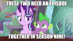 Size: 666x375 | Tagged: safe, edit, edited screencap, screencap, spike, starlight glimmer, dragon, pony, unicorn, g4, season 9, the crystalling, nudging, suggestion, sunburst's house