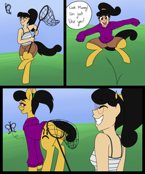 Size: 2331x2792 | Tagged: safe, artist:/d/non, oc, oc only, oc:grumpy mare, butterfly, pony, satyr, butterfly net, clothes, comic, cute, female, freckles, glasses, happy, high res, hopping, mother and daughter, offspring, parent:oc:grumpy mare, tank top