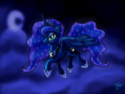 Size: 4000x3000 | Tagged: safe, artist:dandy, princess luna, alicorn, pony, g4, female, flying, lidded eyes, mare, moon, night, simple background, sky, smiling, solo