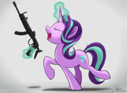 Size: 4054x2968 | Tagged: safe, artist:oinktweetstudios, starlight glimmer, pony, unicorn, g4, eyes closed, female, glowing horn, gun, horn, magic, mare, open mouth, rifle, signature, solo, telekinesis, this will not end well, weapon