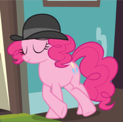 Size: 945x939 | Tagged: safe, screencap, pinkie pie, earth pony, pony, g4, mmmystery on the friendship express, season 2, bowler hat, cool, cropped, crossed hooves, eyes closed, female, hat, leaning, mare, raised eyebrow, smiling, smirk, smug, watson