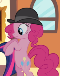 Size: 642x817 | Tagged: safe, screencap, pinkie pie, twilight sparkle, earth pony, pony, unicorn, g4, mmmystery on the friendship express, season 2, bipedal, bowler hat, cropped, female, hat, mare, offscreen character, raised hoof, solo focus, unicorn twilight