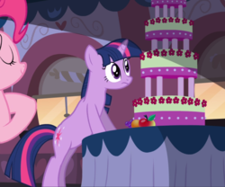 Size: 1125x938 | Tagged: safe, screencap, pinkie pie, twilight sparkle, earth pony, pony, unicorn, g4, mmmystery on the friendship express, season 2, bipedal, bipedal leaning, cake, cropped, eyes closed, female, food, leaning, looking at something, mare, marzipan mascarpone meringue madness, solo focus, unicorn twilight