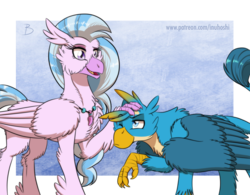 Size: 1600x1246 | Tagged: safe, artist:inuhoshi-to-darkpen, gallus, silverstream, classical hippogriff, griffon, hippogriff, g4, abstract background, blue background, chest fluff, cute, diastreamies, duo, female, floppy ears, fluffy, frown, gallabetes, height difference, jewelry, leg fluff, male, neck fluff, necklace, older, one eye closed, open mouth, petting, raised claw, raised eyebrow, shoulder fluff, simple background, smiling, smirk, unamused, wing fluff