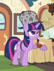 Size: 552x730 | Tagged: safe, screencap, twilight sparkle, pony, unicorn, g4, mmmystery on the friendship express, cropped, deerstalker, detective, female, hat, mare, pipe, raised eyebrow, saddle bag, sherlock holmes, sherlock sparkle, smiling, smirk, smug, solo, unicorn twilight