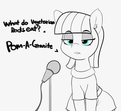 Size: 1500x1376 | Tagged: safe, artist:pabbley, maud pie, earth pony, pony, g4, ear fluff, female, mare, maud the comedian, microphone, monochrome, open mouth, partial color, rock, solo, stand-up comedy, text, that pony sure does love rocks