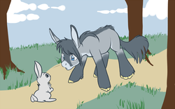 Size: 1000x626 | Tagged: safe, artist:sarcy, oc, oc:nire, donkey, mule, pony, rabbit, cloud, forest, ponified, quadrupedal, road, sly, surprised, tree
