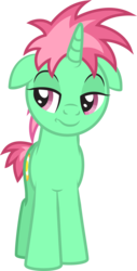 Size: 1034x2028 | Tagged: safe, artist:lightning stripe, derpibooru exclusive, oc, oc only, oc:flowerlocks, pony, unicorn, g4, cutie mark, female, front view, green coat, horn, lidded eyes, magenta eyes, mare, pink mane, show accurate, simple background, solo, transparent background
