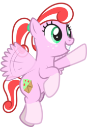 Size: 1371x2003 | Tagged: safe, artist:lightning stripe, derpibooru exclusive, oc, oc only, oc:misty mint, pegasus, pony, g4, coat markings, cutie mark, fluttering, flying, freckles, green eyes, grin, pink coat, ponytail, show accurate, simple background, smiling, socks (coat markings), solo, striped mane, transparent background, wings