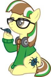 Size: 1233x1861 | Tagged: safe, artist:lightning stripe, derpibooru exclusive, oc, oc only, oc:beetle beat, oc:hercules, pony, rhinoceros beetle, g4, brown eyes, brown mane, clothes, cutie mark, glasses, headphones, scarf, show accurate, sitting, solo, sweater, yellow coat