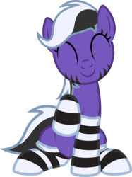 Size: 1338x1793 | Tagged: safe, artist:lightning stripe, derpibooru exclusive, oc, oc only, oc:lightning stripe, pony, g4, clothes, cute, eyes closed, front view, happy, makeup, ocbetes, one leg raised, show accurate, simple background, sitting, socks, solo, striped socks, stripes, transparent background
