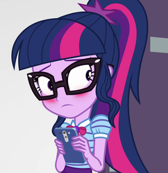 Size: 1041x1077 | Tagged: safe, screencap, sci-twi, twilight sparkle, equestria girls, equestria girls specials, g4, my little pony equestria girls: better together, my little pony equestria girls: rollercoaster of friendship, blushing, cellphone, clothes, cropped, cute, female, geode of telekinesis, glasses, magical geodes, phone, ponytail, skirt, smartphone, solo, twiabetes