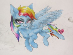 Size: 1334x1000 | Tagged: safe, artist:mugarino, rainbow dash, pegasus, pony, g4, copic, female, flying, mare, sky, solo, traditional art, wings