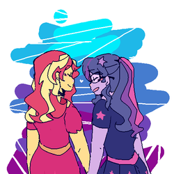Size: 512x512 | Tagged: safe, artist:amelia-yap, sci-twi, sunset shimmer, twilight sparkle, equestria girls, equestria girls series, g4, spring breakdown, spoiler:eqg series (season 2), clothes, dress, duo, duo female, female, heart, holding hands, lesbian, ship:sci-twishimmer, ship:sunsetsparkle, shipping