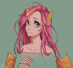 Size: 1280x1182 | Tagged: safe, artist:sushushshush, fluttershy, human, g4, anime, clothes, eared humanization, female, green background, humanized, off shoulder, simple background, solo, winged humanization, wings