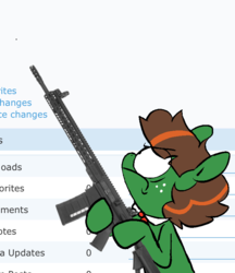 Size: 681x787 | Tagged: safe, artist:pinkiespresent, derpibooru exclusive, oc, oc only, oc:derpi dot, earth pony, pony, derpibooru, aiming, angry, april fools, april fools 2019, ar-15, assault rifle, delet this, eye clipping through hair, freckles, frown, glare, gun, hoof hold, looking at something, male, meta, necktie, profile, rifle, solo, stallion, weapon, wide eyes