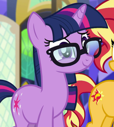 Size: 834x931 | Tagged: safe, screencap, sci-twi, sunset shimmer, twilight sparkle, pony, unicorn, equestria girls, equestria girls series, g4, spring breakdown, spoiler:eqg series (season 2), cropped, cute, cutie mark, equestria girls ponified, female, glasses, mare, offscreen character, ponified, smiling, twiabetes, unicorn sci-twi