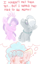 Size: 692x1100 | Tagged: artist needed, safe, cozy glow, diamond tiara, silver spoon, earth pony, pegasus, pony, ask cozy glow, :3, chest fluff, colored pupils, female, filly, glasses, head tilt, jewelry, lidded eyes, looking at you, necklace, pearl necklace, raised eyebrow, simple background, sketch, smiling, smirk, thinking, thought bubble, white background
