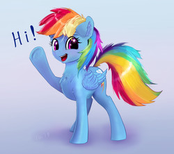 Size: 2077x1846 | Tagged: safe, artist:xbi, rainbow dash, pegasus, pony, g4, chest fluff, cute, dashabetes, dialogue, female, gradient background, hi, looking at you, mare, raised hoof, raised leg, solo, talking to viewer