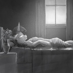 Size: 1200x1190 | Tagged: safe, artist:silfoe, twilight sparkle, pony, g4, album cover, bed, bedroom, coma, crepuscular rays, fanfic art, female, glowing eyes, grayscale, lidded eyes, mare, monochrome, open mouth, potted plant, solo, window