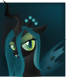 Size: 675x768 | Tagged: safe, artist:lottapotatosalad, queen chrysalis, changeling, changeling queen, g4, beautiful, bust, crown, fangs, female, green background, jewelry, lidded eyes, looking at you, portrait, regalia, simple background, solo