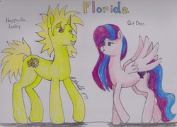 Size: 2310x1655 | Tagged: safe, artist:pristine1281, part of a set, oc, oc only, oc:art deco, oc:happy-go-lucky, pegasus, pony, unicorn, female, florida, male, mare, part of a series, stallion, traditional art