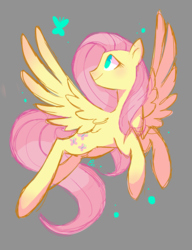 Size: 1523x1980 | Tagged: source needed, safe, artist:pinweena30, fluttershy, butterfly, pegasus, pony, g4, female, flying, gray background, looking at something, looking up, mare, no pupils, simple background, smiling, solo, spread wings, turned head, wings