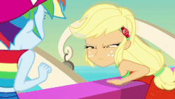 Size: 800x450 | Tagged: safe, screencap, applejack, rainbow dash, equestria girls, equestria girls specials, g4, my little pony equestria girls: better together, my little pony equestria girls: spring breakdown, animated, female, geode of super strength, glare, magical geodes, out of context, sleeveless, this will end in pain