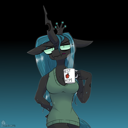 Size: 5120x5120 | Tagged: source needed, useless source url, safe, artist:difis, queen chrysalis, changeling, changeling queen, ladybug, anthro, g4, beauty mark, breasts, changelings in the comments, cleavage, crown, female, floppy ears, gradient background, jewelry, mommy chrissy, mug, regalia, sleeveless, solo